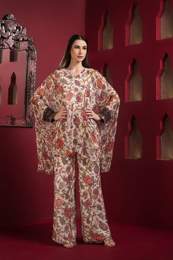 Chiffon printed kaftan kurta with baggy pants