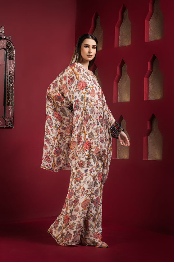 Chiffon printed kaftan kurta with baggy pants
