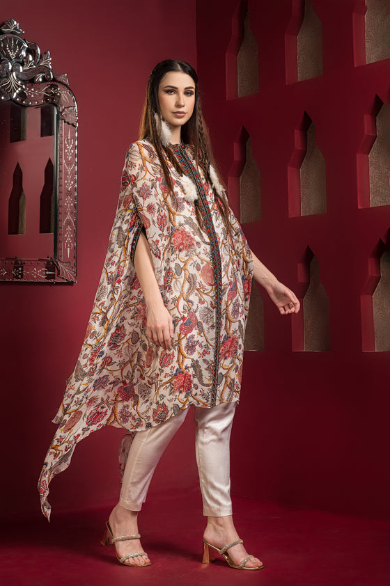 Printed chiffon kaftan kurta with mirror embroidery