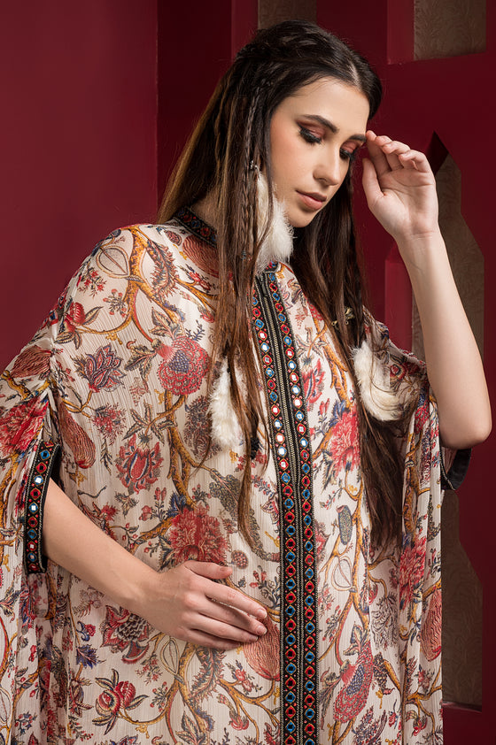 Printed chiffon stylish kaftan kurta with mirror embroidery