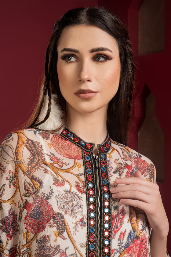 Printed chiffon kaftan kurta with mirror embroidery Closeview