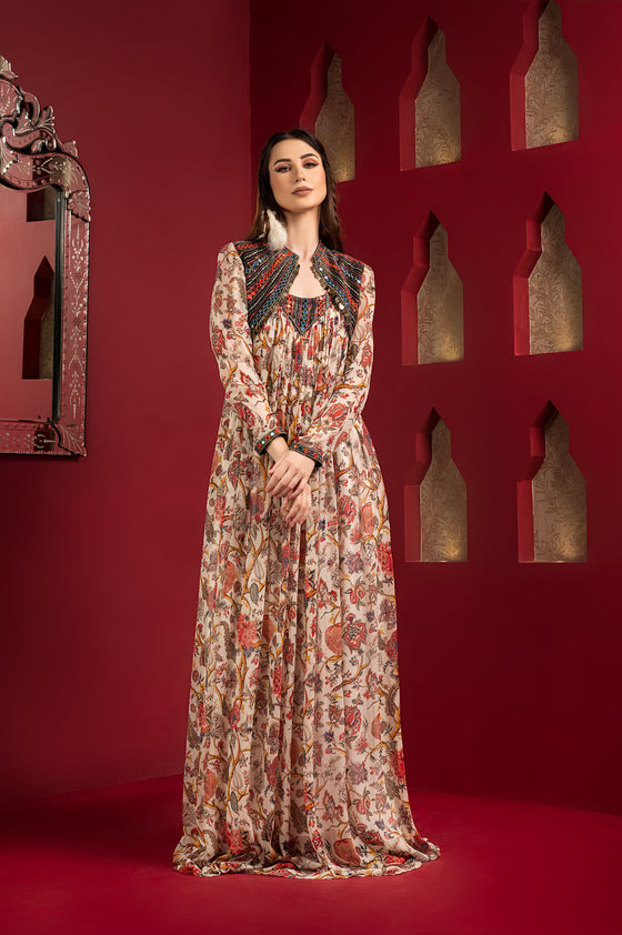 Chiffon printed long pleated dress with short black jacket