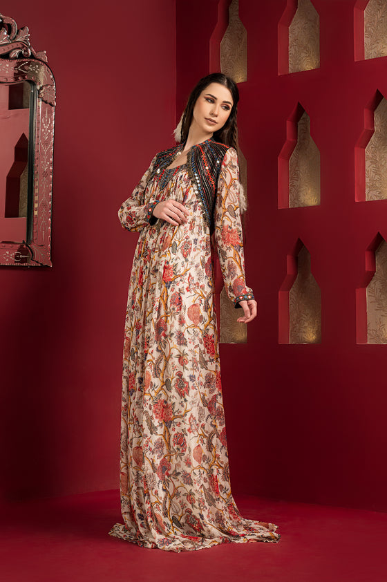 Chiffon printed long pleated dress with short black jacket