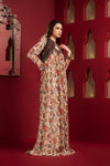 Chiffon printed long pleated dress with short black jacket
