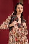 Chiffon printed long pleated dress with short black jacket