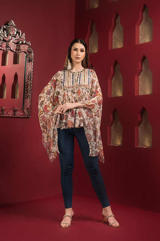 Printed chiffon Kaftan Top with mirror Embroidered