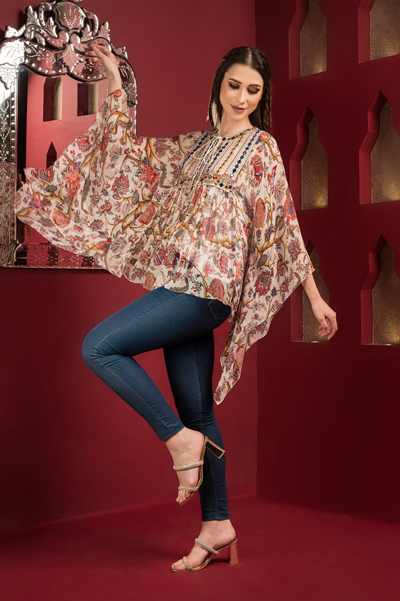 Printed chiffon Kaftan Top with mirror Embroidered