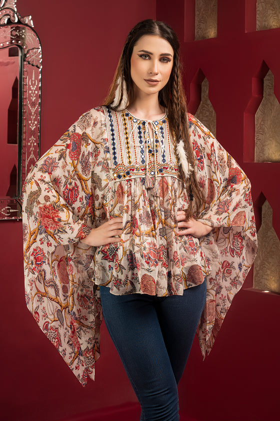 Printed chiffon Kaftan Top with mirror Embroidered