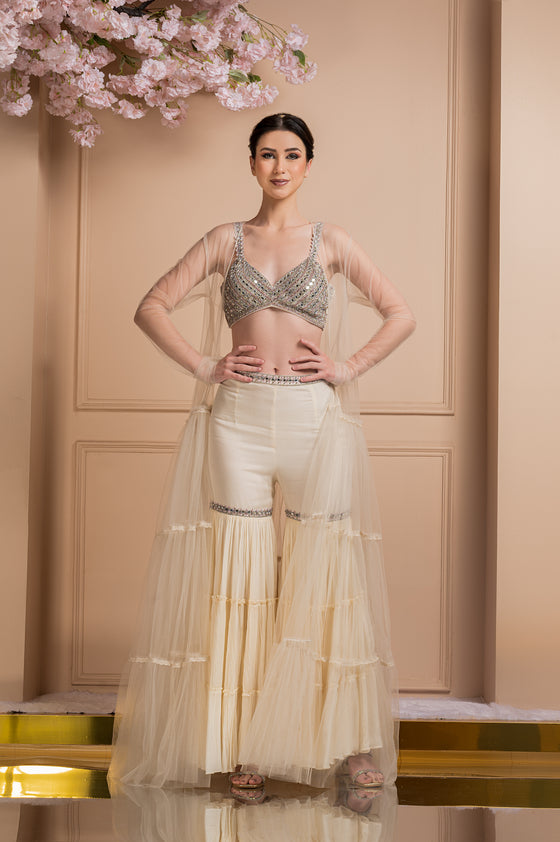 Embroidered Bralette-Sharara with Long Cape