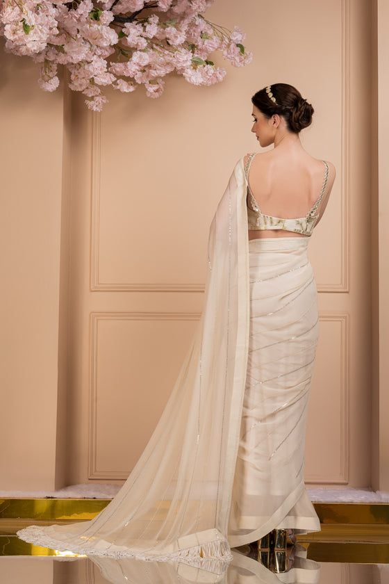 Printed Shimmer Blouse With Sequins Saree Backview