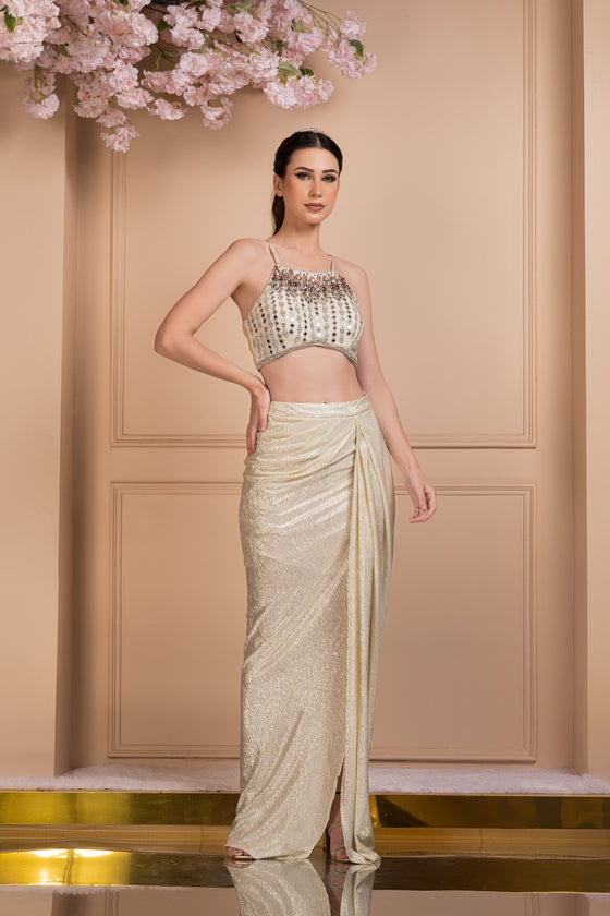 Women's Embroidered Shimmer Top-Draped Skirt