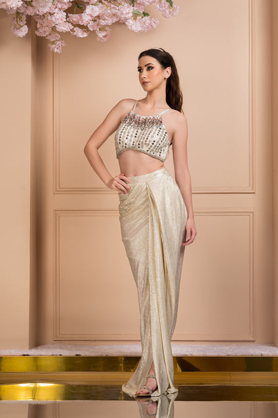 Women's Embroidered Shimmer Top-Draped Skirt Frontview