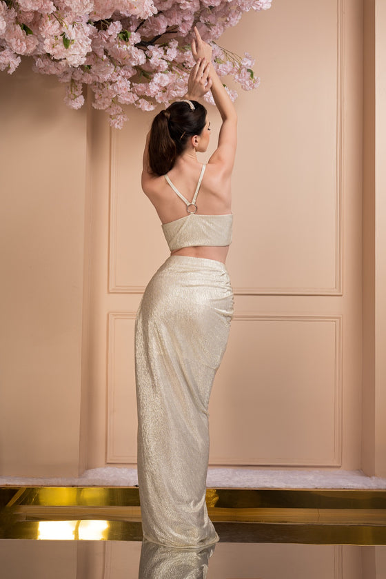 Women's Embroidered Shimmer Top-Draped Skirt Backview
