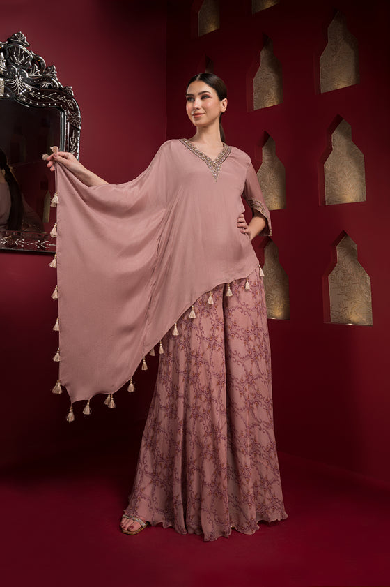 One side kaftan kurta with flared shahra pant with zardogi embroidery