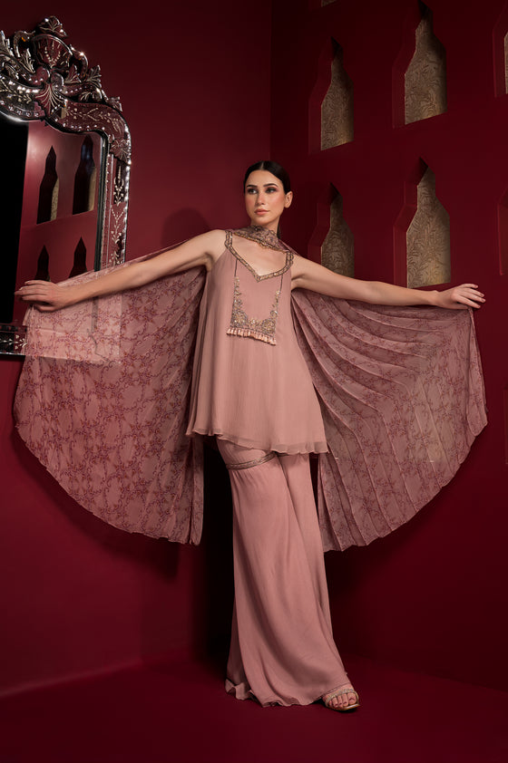 PEPLUM KURTA WITH SHARARA AND PRINTED DUPATTA