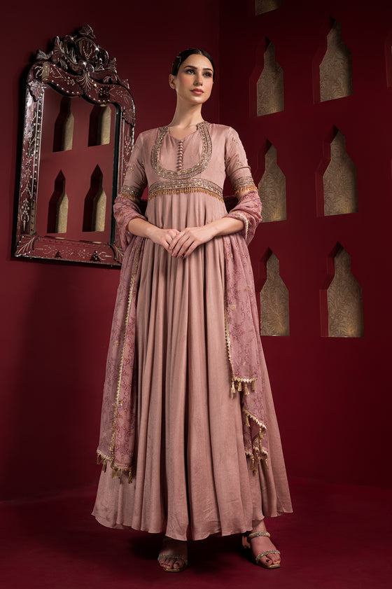 Pastel Pink Embroidered Anarkali set Frontview