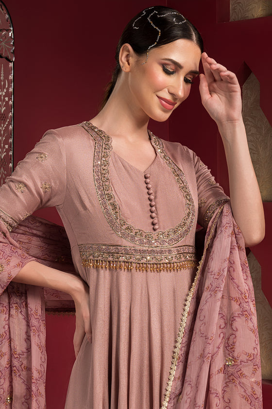 Pastel Pink Embroidered Anarkali set Closeview