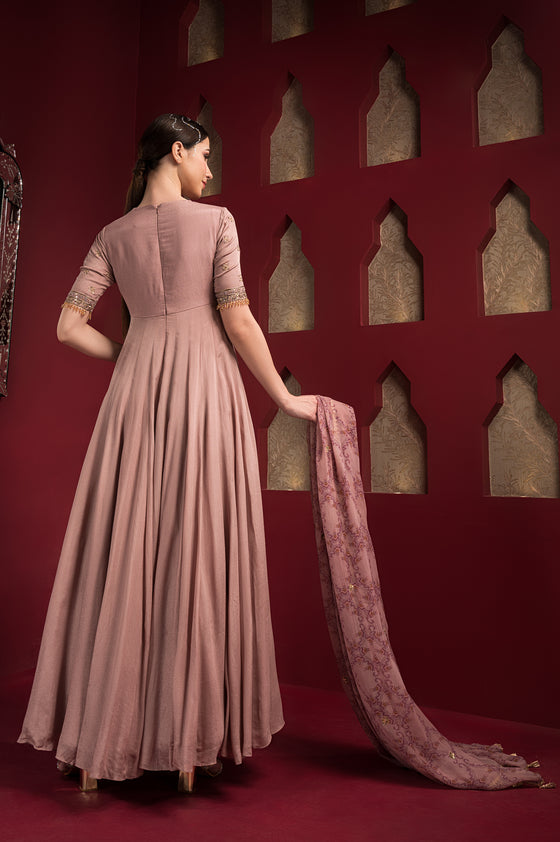 Pastel Pink Embroidered Anarkali set Backview