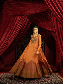  TERRACOTTA RUST ANARKALI GOWN WITH GEOMETRIC HEMLINE