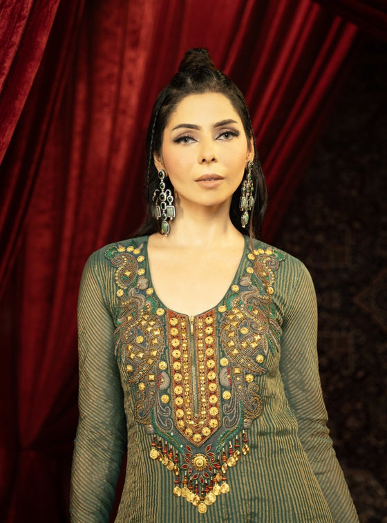 DEEP FOREST GREEN ANARKALI SET WITH FLARED PANTS AND EMBROIDERED DUPATTA