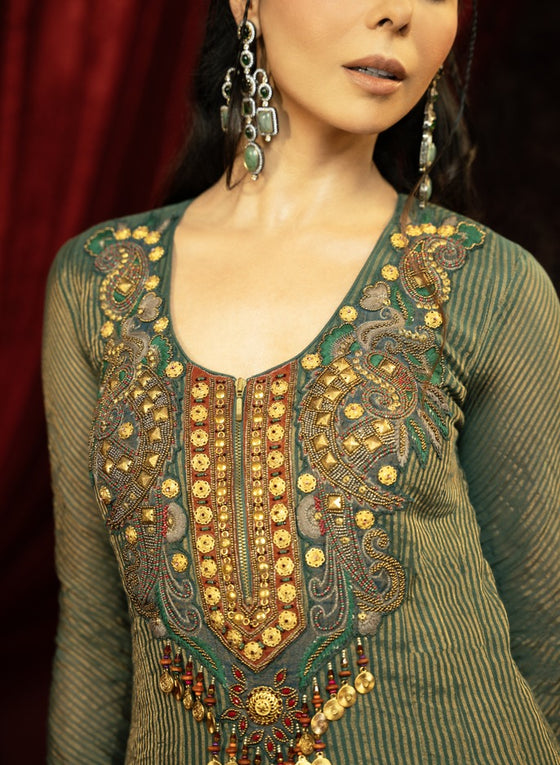 DEEP FOREST GREEN ANARKALI SET WITH FLARED PANTS AND EMBROIDERED DUPATTA