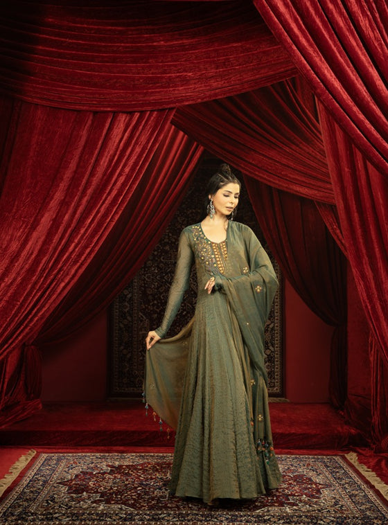DEEP FOREST GREEN ANARKALI SET WITH FLARED PANTS AND EMBROIDERED DUPATTA