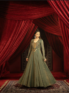  DEEP FOREST GREEN ANARKALI SET WITH FLARED PANTS AND EMBROIDERED DUPATTA