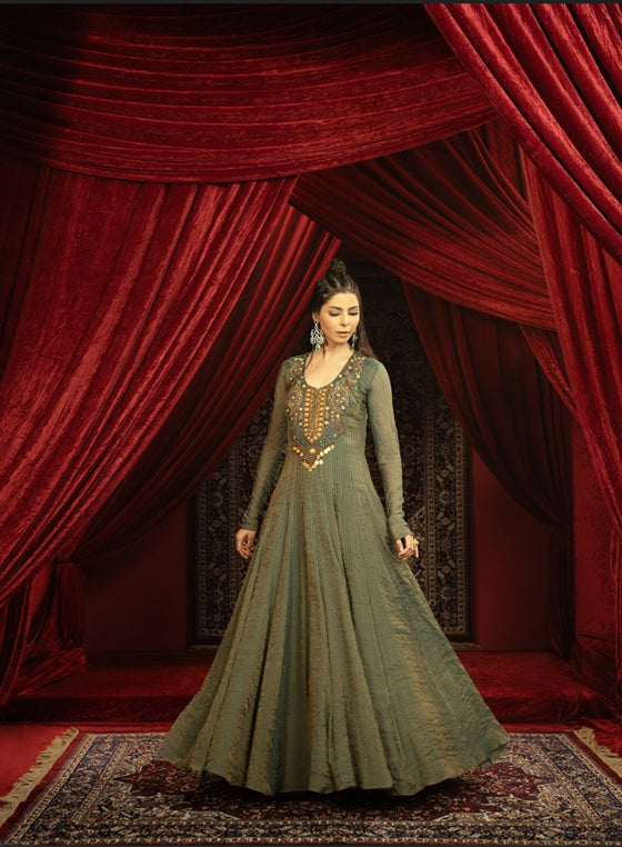 DEEP FOREST GREEN ANARKALI SET WITH FLARED PANTS AND EMBROIDERED DUPATTA