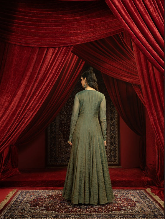 DEEP FOREST GREEN ANARKALI SET WITH FLARED PANTS AND EMBROIDERED DUPATTA