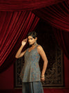 MIDNIGHT BLUE QUILTED PEPLUM KURTA WITH SHARARA PANTS