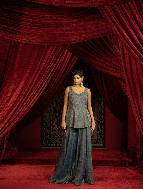 MIDNIGHT BLUE QUILTED PEPLUM KURTA WITH SHARARA PANTS