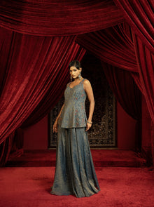  MIDNIGHT BLUE QUILTED PEPLUM KURTA WITH SHARARA PANTS