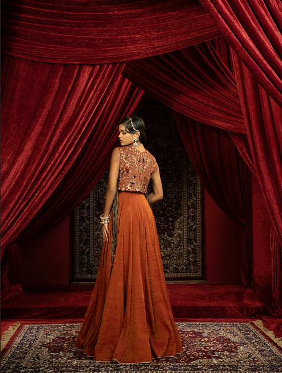 CRIMSON RED INDO-WESTERN ANARKALI GOWN WITH EMBROIDERED CAPE