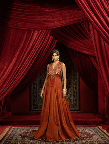  CRIMSON RED INDO-WESTERN ANARKALI GOWN WITH EMBROIDERED CAPE