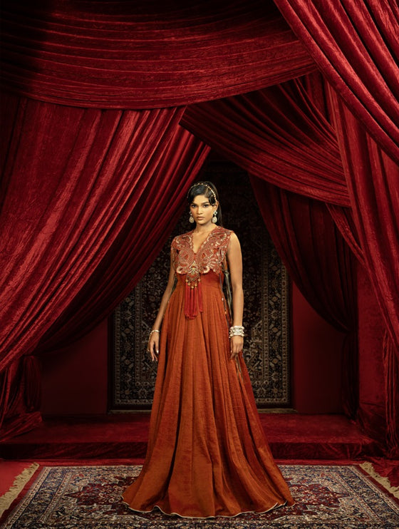 CRIMSON RED INDO-WESTERN ANARKALI GOWN WITH EMBROIDERED CAPE