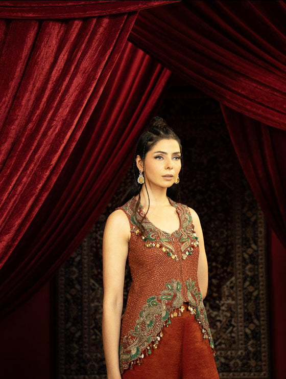 CRIMSON RED PEPLUM KURTA SET WITH QUILTED BEADED JACKET