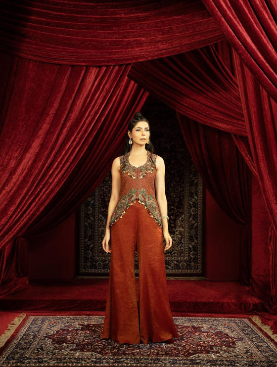 CRIMSON RED PEPLUM KURTA SET WITH QUILTED BEADED JACKET