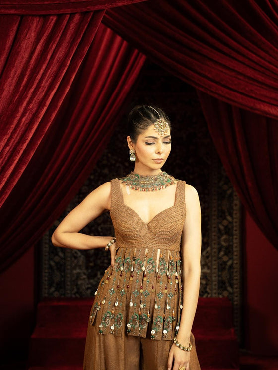 WALNUT BROWN PEPLUM KURTA WITH SHARARA PANTS