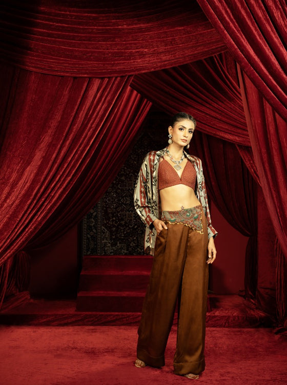 MOCHA MOUSSE EMBROIDERED BOXY PANTS WITH BOHO PRINTED SHIRT