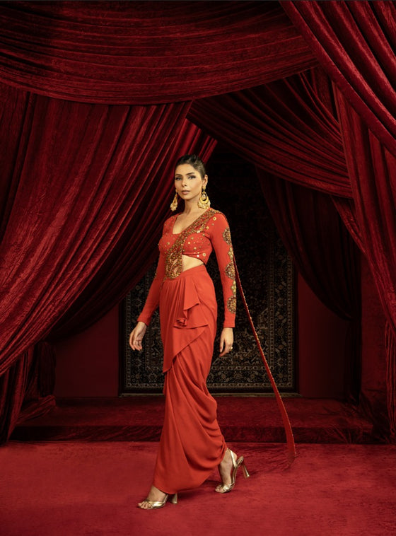 BURNT TERRACOTTA DRAPE SKIRT SET WITH EMBROIDERED CUTWORK PALLA & FULL SLEEVE BLOUSE