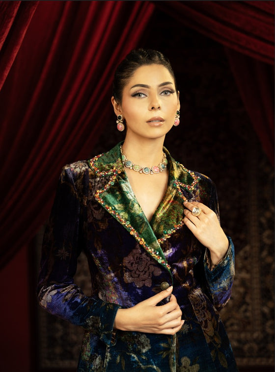 PRINTED BLUE & GREEN VELVET BLAZER PANT SET WITH EMBROIDERED COLLAR