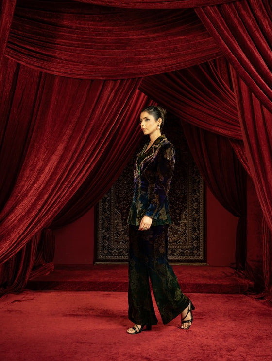 PRINTED BLUE & GREEN VELVET BLAZER PANT SET WITH EMBROIDERED COLLAR