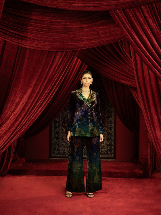 PRINTED BLUE & GREEN VELVET BLAZER PANT SET WITH EMBROIDERED COLLAR