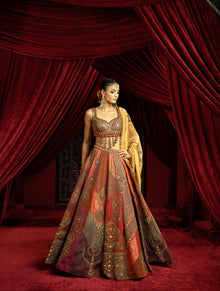  MULTICOLOUR BLOCKED LEHENGA SET WITH METAL EMBROIDERED BLOUSE & GOLD TISSUE DUPATTA