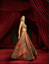 MULTICOLOUR BLOCKED LEHENGA SET WITH METAL EMBROIDERED BLOUSE & GOLD TISSUE DUPATTA