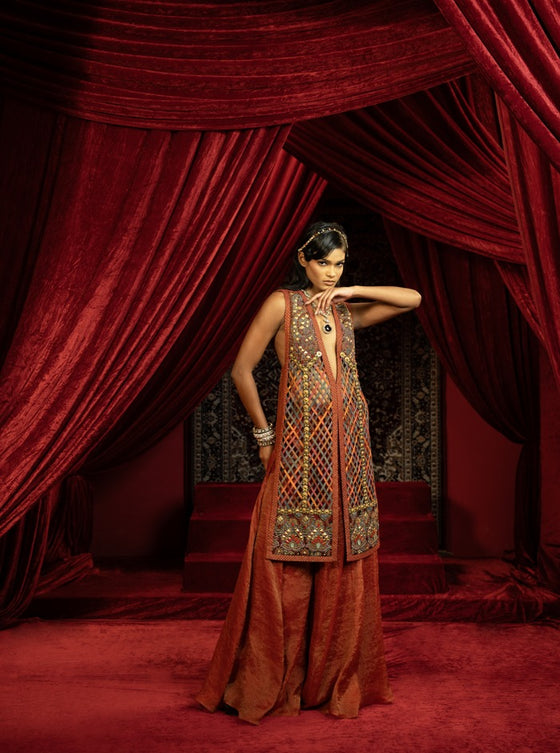 MULTICOLOUR JALIDAR EMBROIDERED LONG JACKET WITH CRIMSON SHARARA PANTS