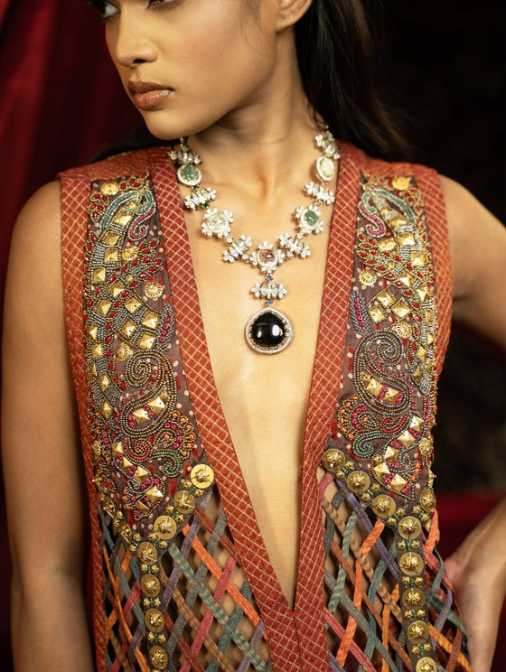 MULTICOLOUR JALIDAR EMBROIDERED LONG JACKET WITH CRIMSON SHARARA PANTS