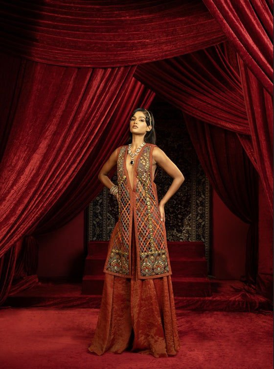MULTICOLOUR JALIDAR EMBROIDERED LONG JACKET WITH CRIMSON SHARARA PANTS