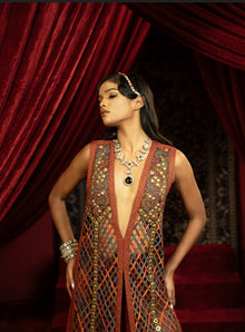  MULTICOLOUR JALIDAR EMBROIDERED LONG JACKET WITH CRIMSON SHARARA PANTS