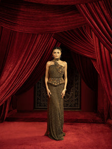  BLACK FULL BEADED EVENING GOWN WITH SAREE INSPIRED DRAPE & DETACHABLE CORSET BELT